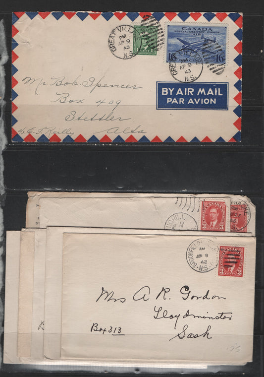 Lot 508 Canada #233, 249/254, CE1 1c-16c Green - Ultramarine King George VI & Trans-Canada Airplane, 1937-1949 Mufti & War Issue, 7 Fine Covers All Domestic Use, Featuring A Variety Of Nova Scotia Piostmarks