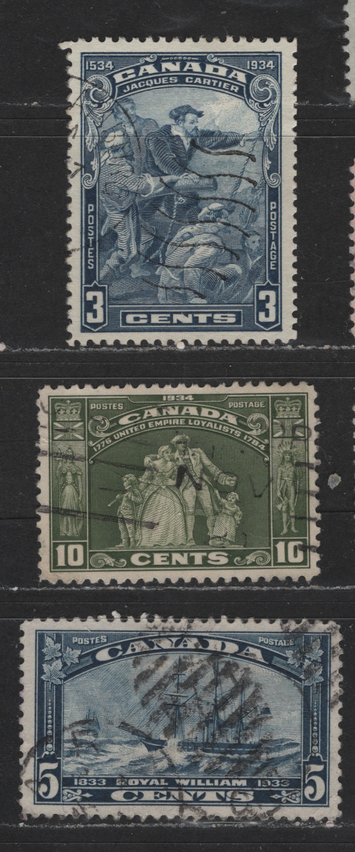 Lot 509 Canada #204, 208-209 3c-10c Steel Blue & Olive Green Royal William - Loyalists Statue, 1933-1934 Royal William - United Empire Loyalists Issue, 3 Fine & VF Used Singles