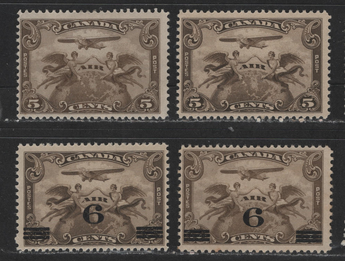 Lot 510 Canada #C1, C3 5c, 6c on 5c Brown Olive & Pale Brown Olive Winged Figures, 1928-1932 Scroll Issue & Surcharged Airmail Issues, 4 Fine OG  Singles