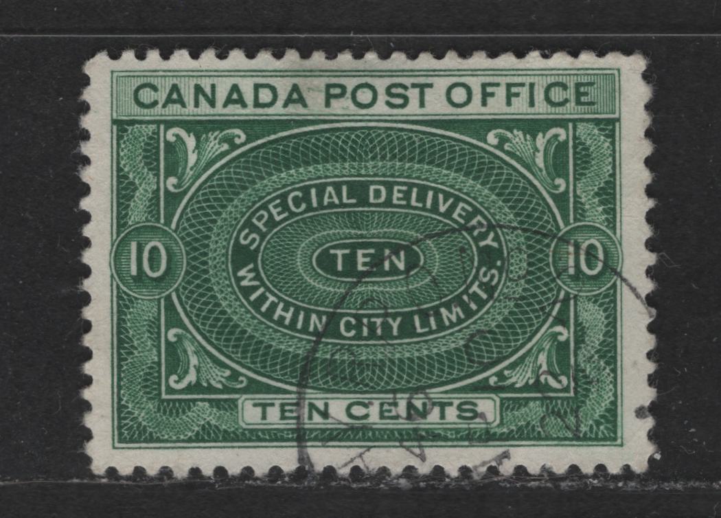 Lot 512 Canada #E1b 10c Dark Yellow Green  Engine Turned Pattern, 1898-1920 First Special Delivery Issue, A Fine Used Single On Thick Vertical Wove Paper