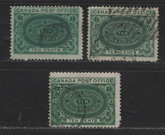 Lot 513 Canada #E1-E1b 10c Blue Green, Dark Green & Dark Yelow Green Engine Turned Pattern, 1898-1920 First Special Delivery Issue, 3 VG & Fine Used Singles On Horizontal & Vertical Wove Papers