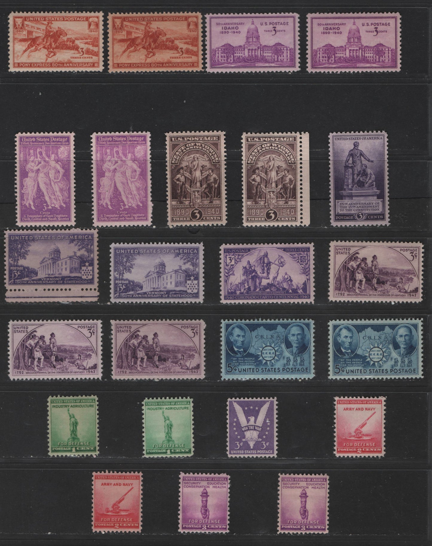 Lot 514 United States Of America #894-906 1c-5c Henna Brown - Bright Blue Pony Express Rider - Map Of China, 1940-1942 Pony Express - Chinese Resistance Issue, 24 VFNH Singles With Shade Variations Of Most Stamps