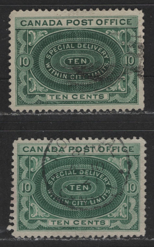 Lot 514 Canada #E1b, Eii 10c Dark Green & Green Engine Turned Pattern, 1898-1920 First Special Delivery Issue, 2 Fine & VF Used Singles On Horizontal Wove Paper, Green With No Diagonal Shading In The Value Tablet