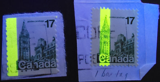 Lot 514 Canada #790ivT2, 806T6 17c Dark Green Parliament Buildings, 1977-1982  Floral & Environment Issue, 2 Fine Used Singles With G2aC Tagging Error & Coil With G2aL Tagging Error, Both On Piece & Both On DF2 Paper