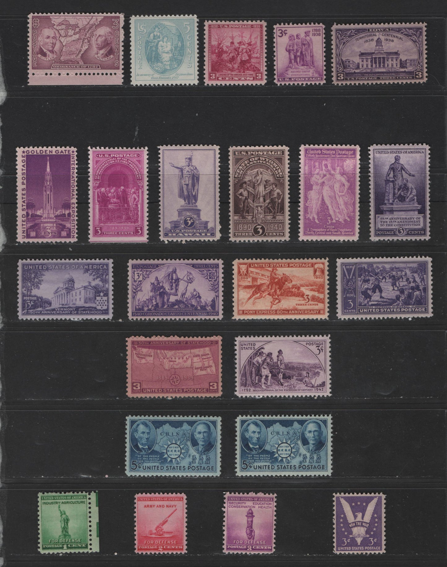 Lot 515 United States Of America #795/906 1c-5c Rose Purple - Bright Blue Cutler & Putnam - Map Of China, 1937-1942 Ordinance Of 1787 - Chinese Resistance Issue, 23 VFNH Singles With Two Shades Of Chinese Resistance Issue