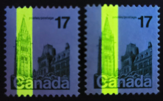 Lot 513 Canada #790iiiT5, 790ivT2 17c Dark Green Parliament Buildings, 1977-1982  Floral & Environment Issue, 2 Fine & VFNH Singles G2aC Tagging Errors On DF and LF Paper