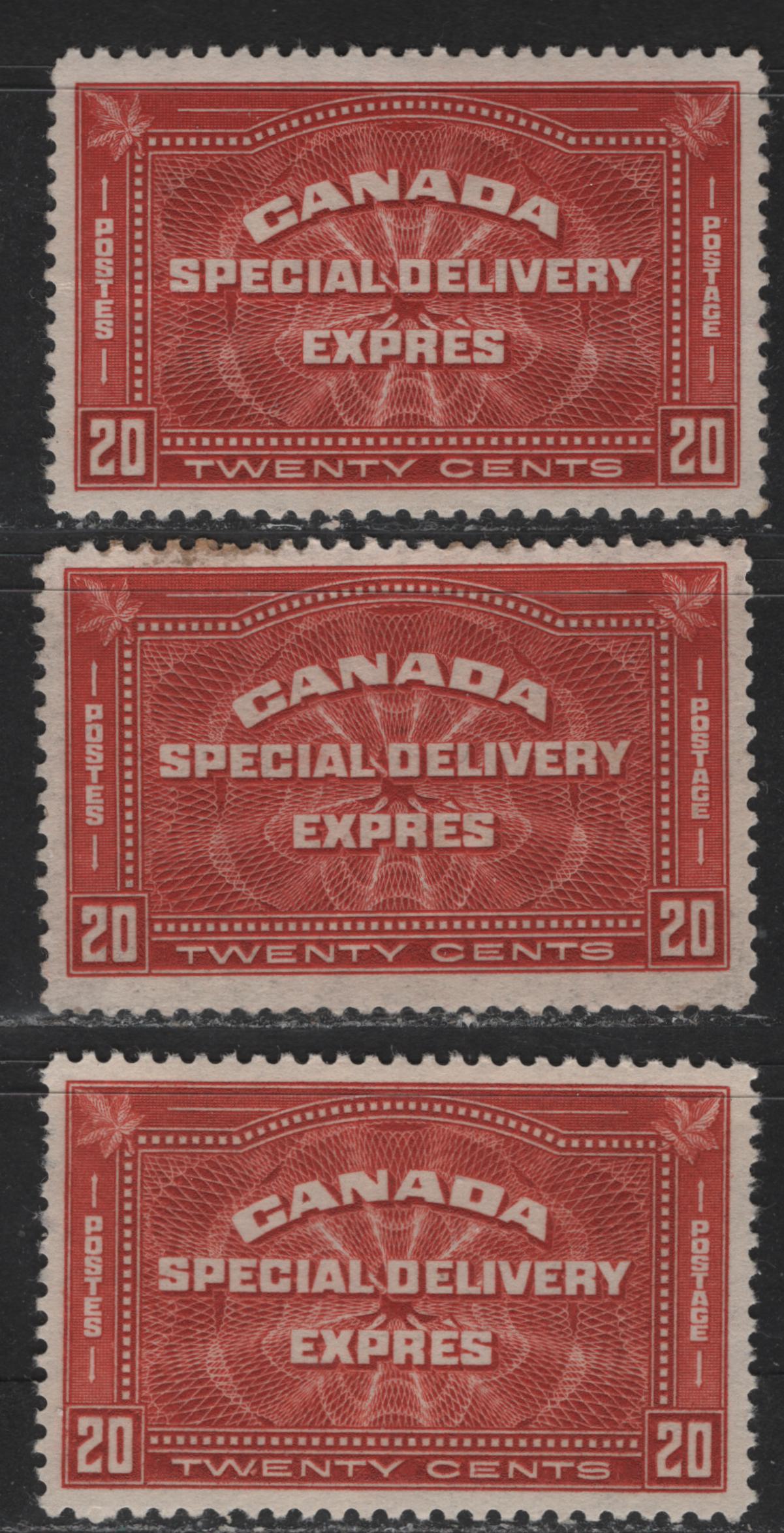 Lot 516 Canada #E4 20c Deep Vermilion & Deep Brownish Vermilion Engine Turned Pattern, 1930-1932  Arch Special Delivery Issue, 3 Fine OG Singles All Different Printings, Different Shades With Different Gum Types