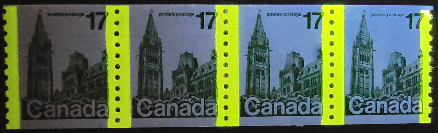 Lot 516 Canada #806T8 17c Dark Green Parliament Buildings, 1977-1982  Floral & Environment Issue, A VFNH Coil Strip Of 4 On DF1/DF1 Paper Showing Normal And Short Tagging Bars At Right