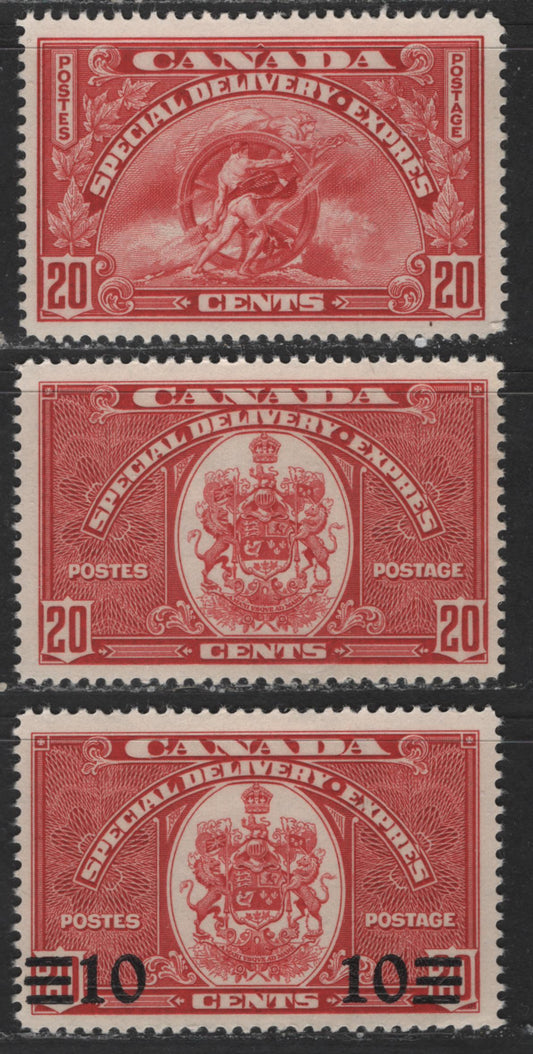 Lot 517 Canada #E6, E8-E9 20c, 10c Dark Carmine Mercury & Allegory Of Speed & Coat Of Arms, 1935-1942 Dated Die & Mufti Special Delivery Issues, 3 Fine OG & NH Singles All On Soft Vertical Wove Paper With Cream Gum, 20c Arms is NH