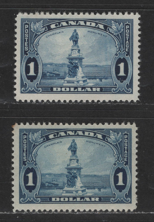 Lot 517 Canada #227 1 Dark Blue & Deep Dull Blue Champlain Monument, 1935-1937 Dated Die Issue, 2 Fine OG & VFOG Singles Two Different Printings, Each A Slightly Different Shade, On Different Paper With Cream Semi-Gloss Gum