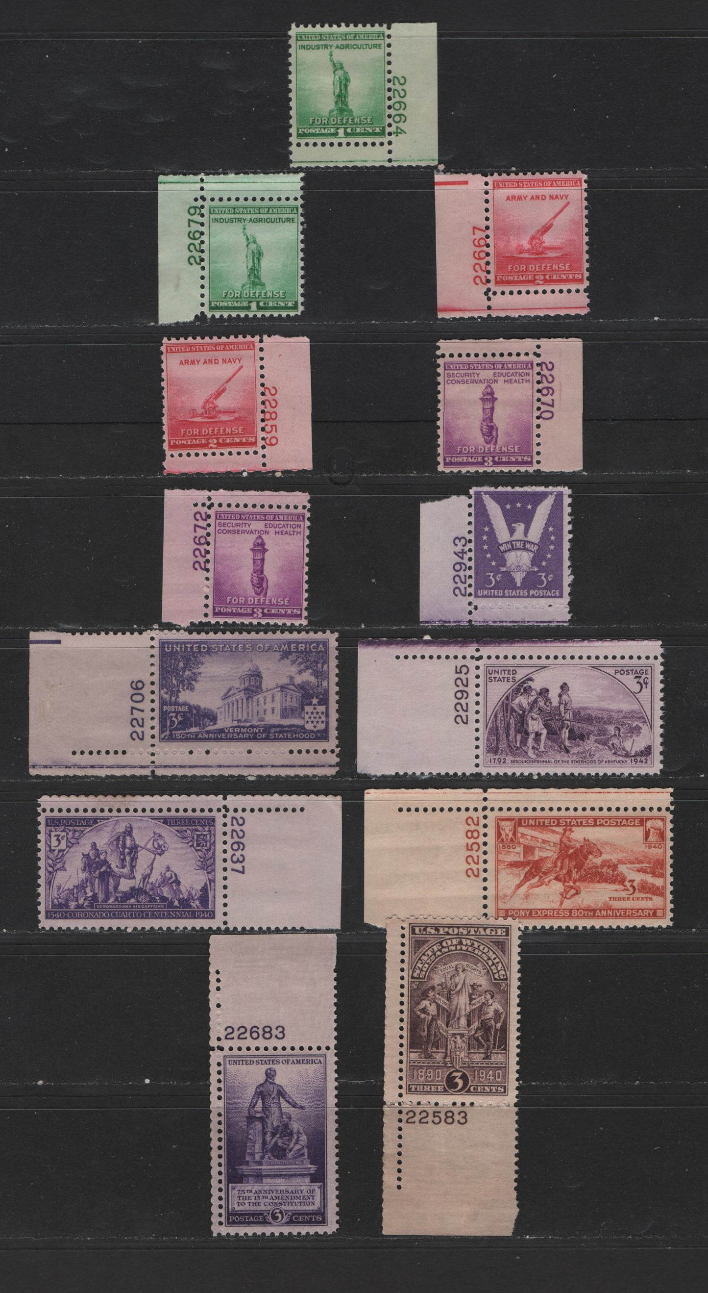 Lot 518 United States Of America #894/905 1c-3c Henna Brown - Bright Lilac Pony Express Rider - American Eagle, 1940-1942 Pony Express - Win The War Issue, 13 Fine NH & VFNH Plate Number Corner Singles