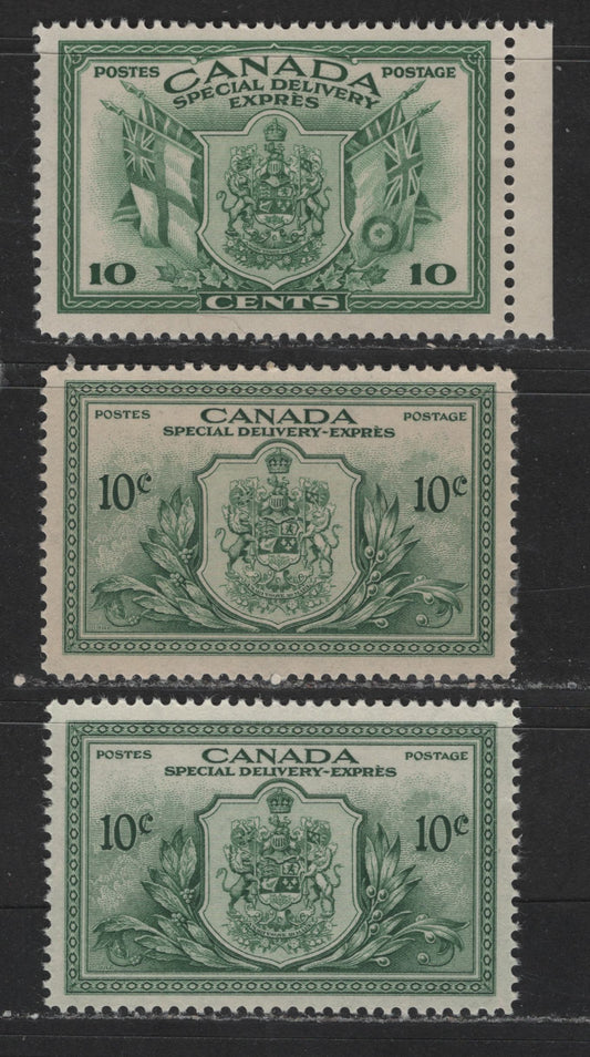 Lot 518 Canada #E10, E11 10c Green & Dull Green Coat Of Arms & Flags, 1942-1946 War & Peace Issue Special Delivery, 3 VFNH Singles On Different Papers With Different Gum Types