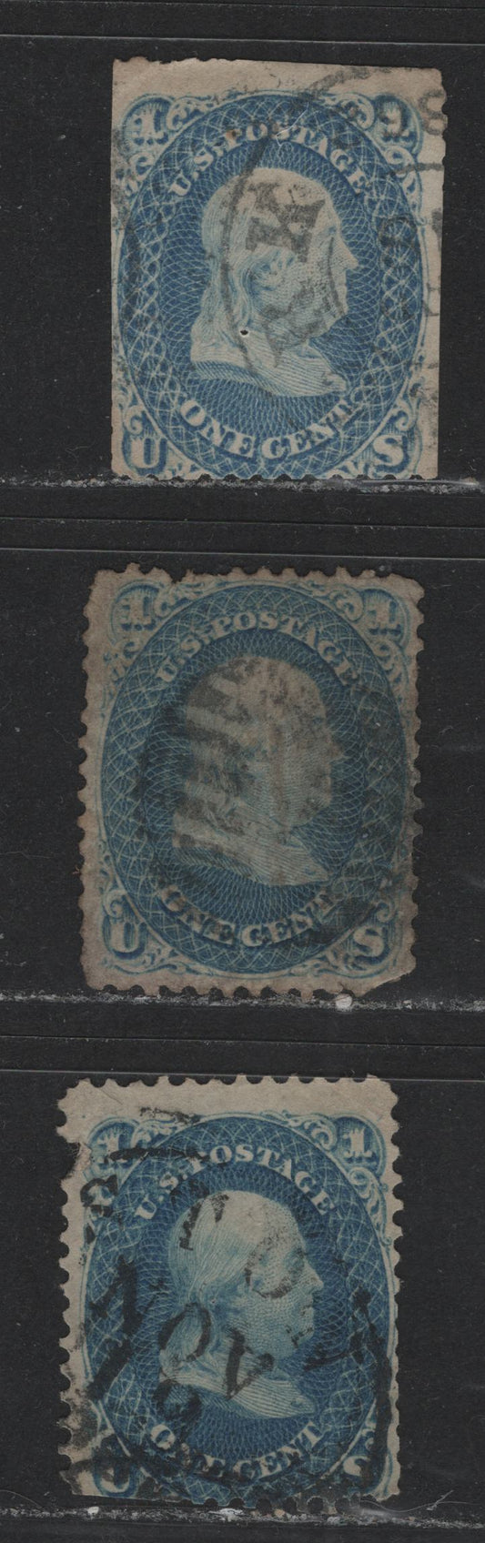 Lot 519 United States Of America #63 1c Blue & Dull Blue Benjamin Franklin, 1861-1869 Civil War Issue, 3 Ungraded Used Singles With Severe Faults, Sold As Reference Examples Of The Various Shades