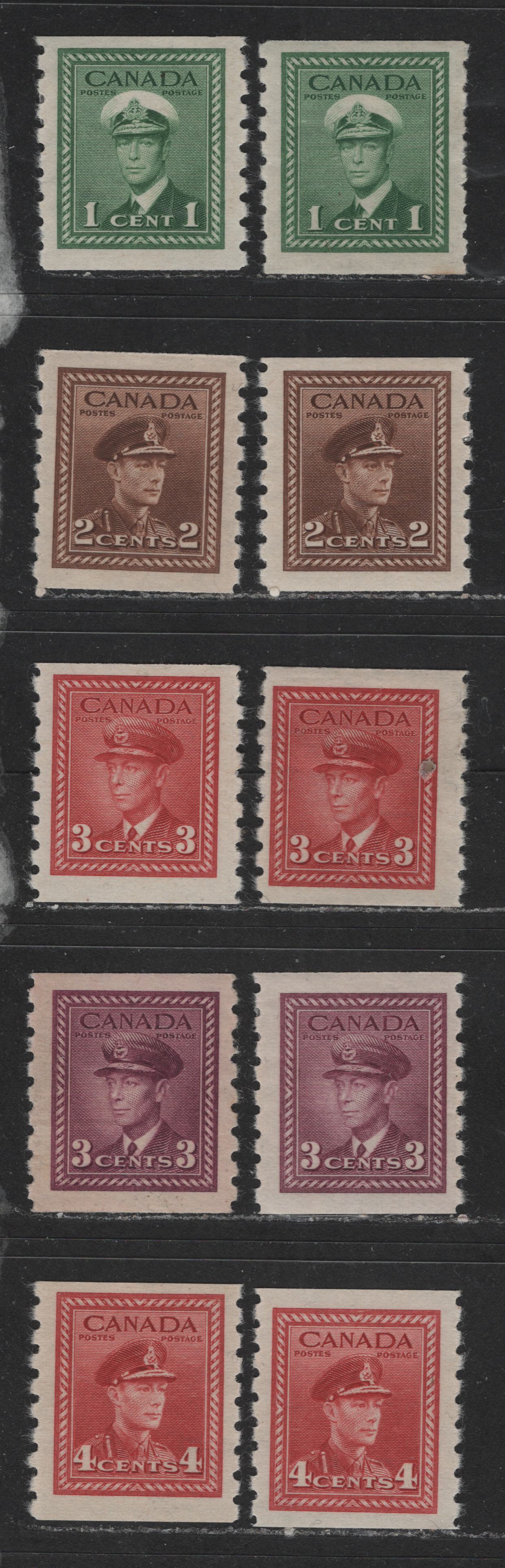 Lot 521 Canada #263-267 1c-4c Green - Carmine Red King George VI, 1942-1949 War Issue Coils, Perf. 8 Vertical, 10 Fine & VFOG Singles Two Different Printings Of Each, Showing Subtle Shade, Paper & Gum Variations