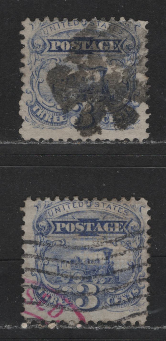 Lot 521 United States Of America #114 3c  Ultramarine Locomotive, 1869 Pictorial Issue, 2 Fine Used Single Two Slightly Different Shades