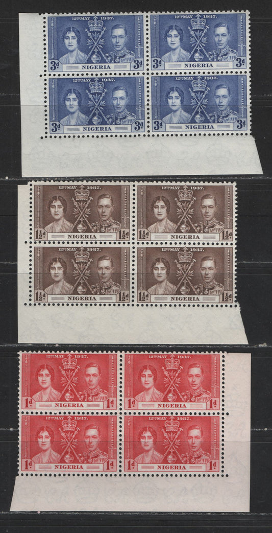 Lot 522 Nigeria #50-52 1d-3d Carmine Red - Dull Ultramarine King George VI & Queen Elizabeth, 1937 Coronation Issue, 3 Fine & VFOG/NH Corner Blocks Scarce, As Most Were Broken Up