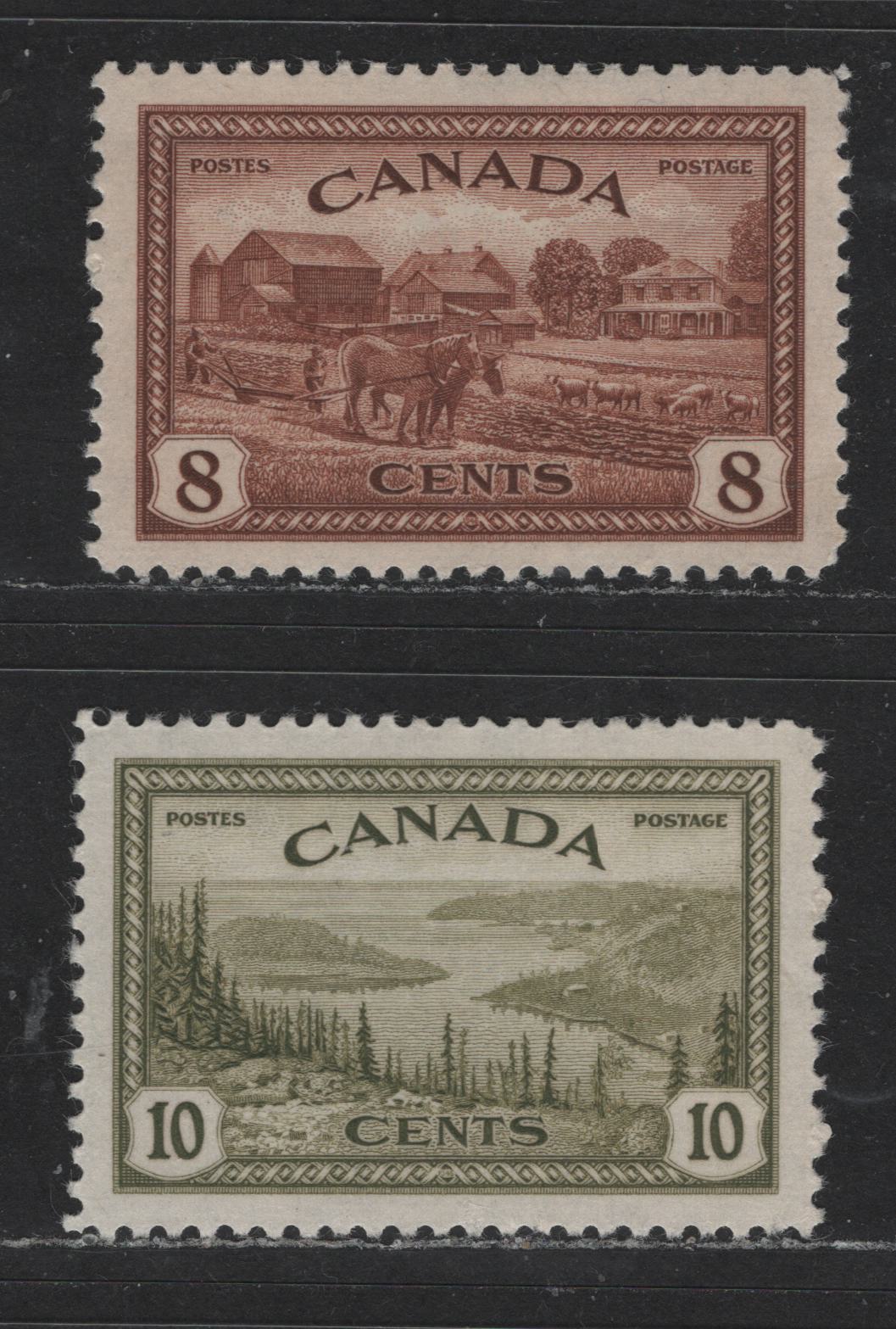 Lot 523 Canada #268-269 8c & 10c Red Brown & Olive Farm Scene & Great Bear Lake, 1946-1951 Peace Issue, 2 VFNH Singles On Horizontal Ribbed Paper With Streaky Satin Cream Gum