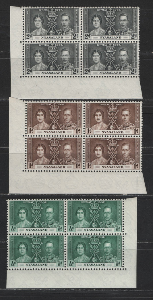 Lot 524 Nyasaland #51-53 1/2d-2d Myrtle Green - Grey Black King George VI & Queen Elizabeth, 1937 Coronation Issue, 3 VFOG/NH Corner Blocks Scarce, As Most Were Broken Up