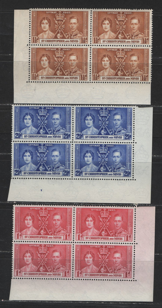 Lot 525 St. Christopher & Nevis #76-78 1d-2.5d Carmine-Red - Bright Ultramarine King George VI & Queen Elizabeth, 1937 Coronation Issue, 3 Fine & VFOG/NH Corner Blocks & Plate 1 Block Scarce, As Most Were Broken Up