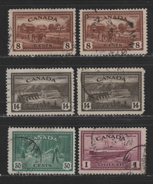 Lot 525 Canada #268/273 8c-$1 Red Brown - Rose Purple Farm Scene - Train Ferry, 1946-1951 Peace Issue, 6 Fine Used Singles Including Subtle Shade Varieties Of The 8c & 14c