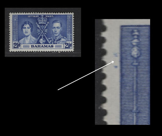 Bahamas #99 2.5d Bright Ultramarine King George VI & Queen Elizabeth, 1937 Coronation Issue, A Fine OG Single With Constant Variety: Two Dots In Margin At UL