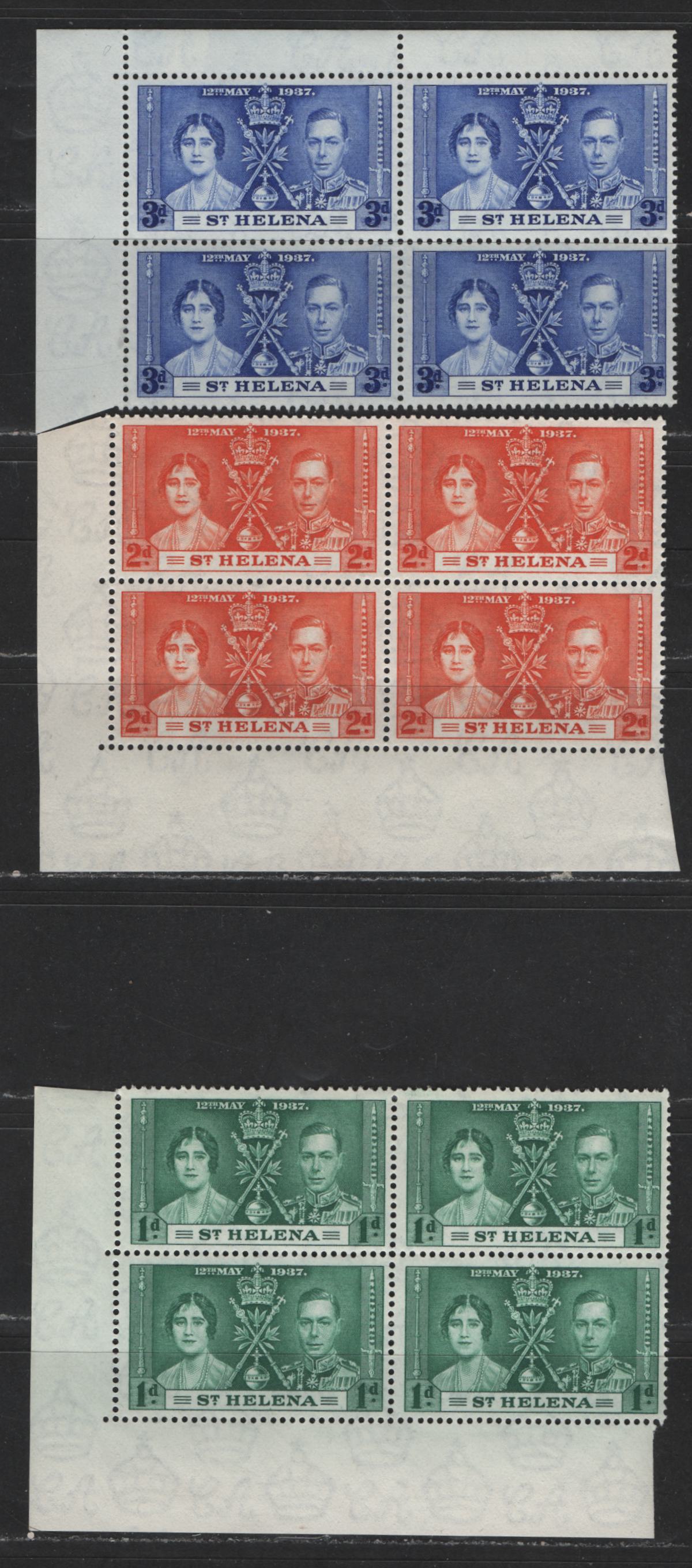 Lot 526 St. Helena #115-117 1d-3d Myrtle Green - Bright Ultramarine King George VI & Queen Elizabeth, 1937 Coronation Issue, 3 Fine & VFOG/NH Corner Blocks Scarce, As Most Were Broken Up