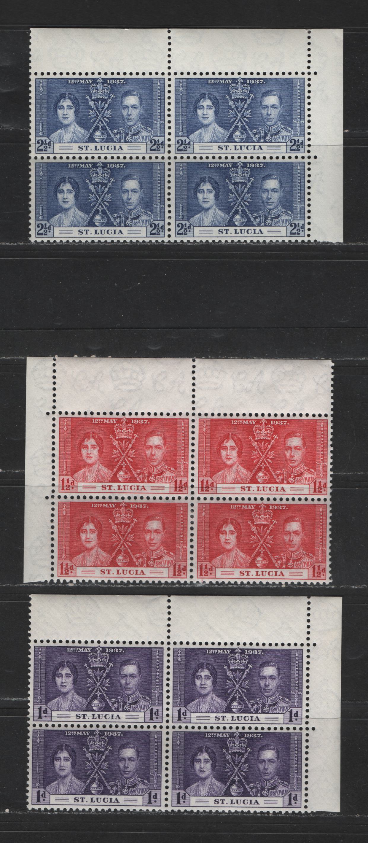 Lot 527 St. Lucia #107-109 1d-2.5d Dark Purple - Deep Dull Blue King George VI & Queen Elizabeth, 1937 Coronation Issue, 3 VFOG/NH Corner Blocks Scarce, As Most Were Broken Up