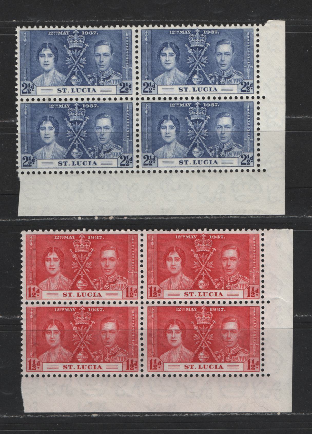 Lot 528 St. Lucia #108-109 1.5d-2.5d Bright Red - Deep Dull Blue King George VI & Queen Elizabeth, 1937 Coronation Issue, 2 Fine & VFOG/NH Corner Blocks Scarce, As Most Were Broken Up