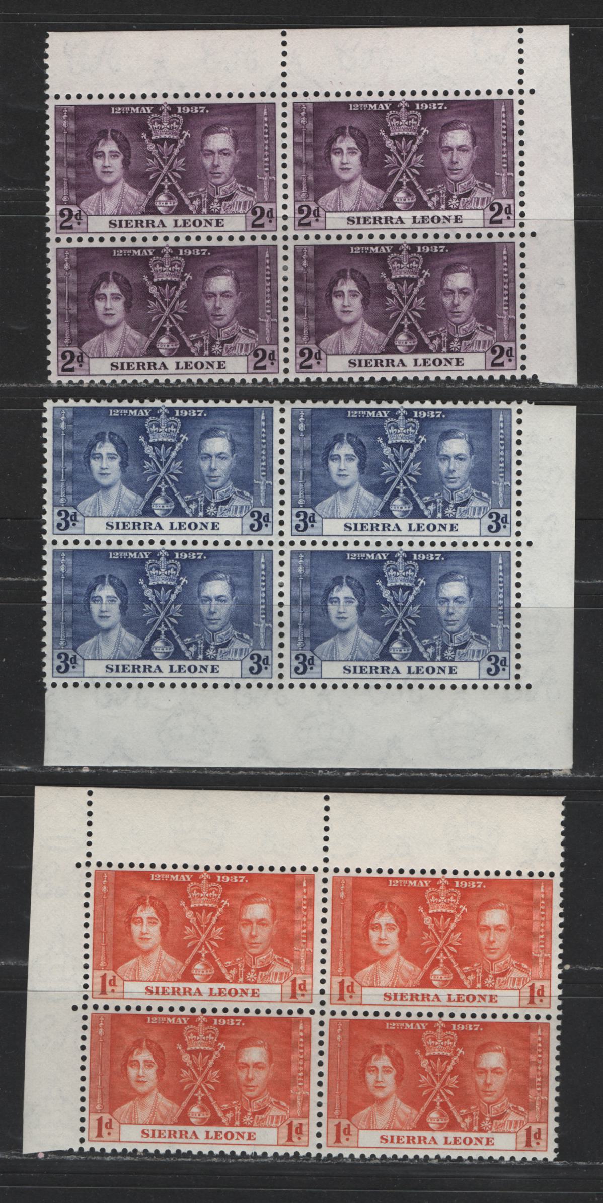 Lot 531 Sierra Leone #170-172 1d-3d Deep Red Orange - Dull Ultramarine King George VI & Queen Elizabeth, 1937 Coronation Issue, 3 VFOG/NH Corner Blocks Scarce, As Most Were Broken Up