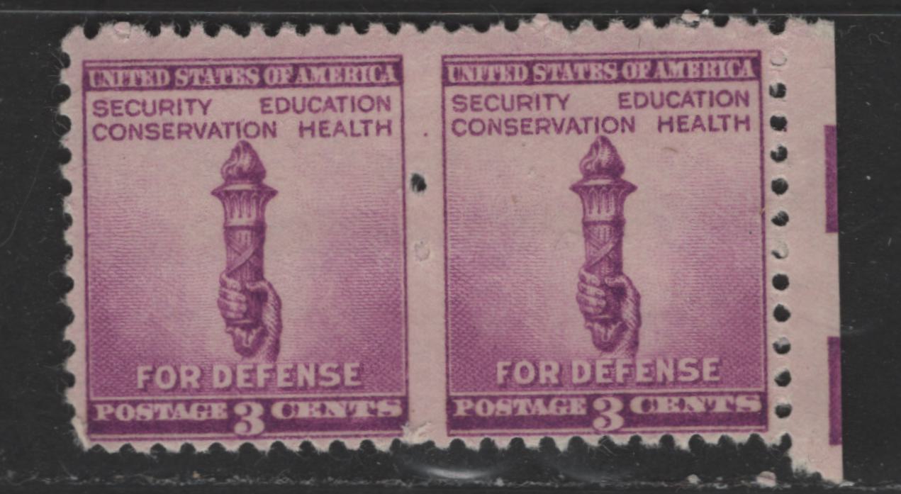 Lot 531 United States Of America #901avar 3c Mauve Torch Of Enlightenment, 1940 National Defense Issue, A Fine NH Pair Nearly Imperf Between - Only 2 Perforation Holes Between Stamps In Both Pairs