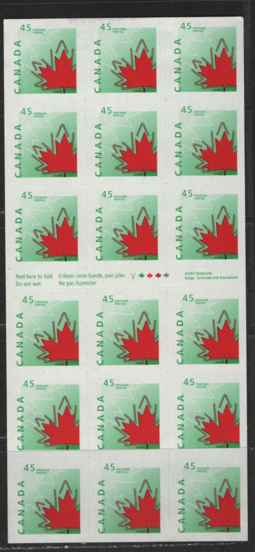 Lot 531 Canada #1696a 45c Multicoloured Stylized Maple Leaf, 1997-2002 Trades & Wildlife Issue, A VFNH Sheetlet Of 18 On DF Paper With US Style Tagging That Glows Green All Over Under Short-Wave UV Light