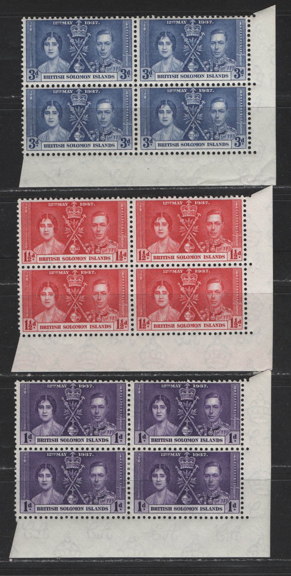 Lot 532 Solomon Islands #64-66 1d-3d Violet - Dull Ultramarine King George VI & Queen Elizabeth, 1937 Coronation Issue, 3 Fine & VFOG/NH Corner Blocks Scarce, As Most Were Broken Up