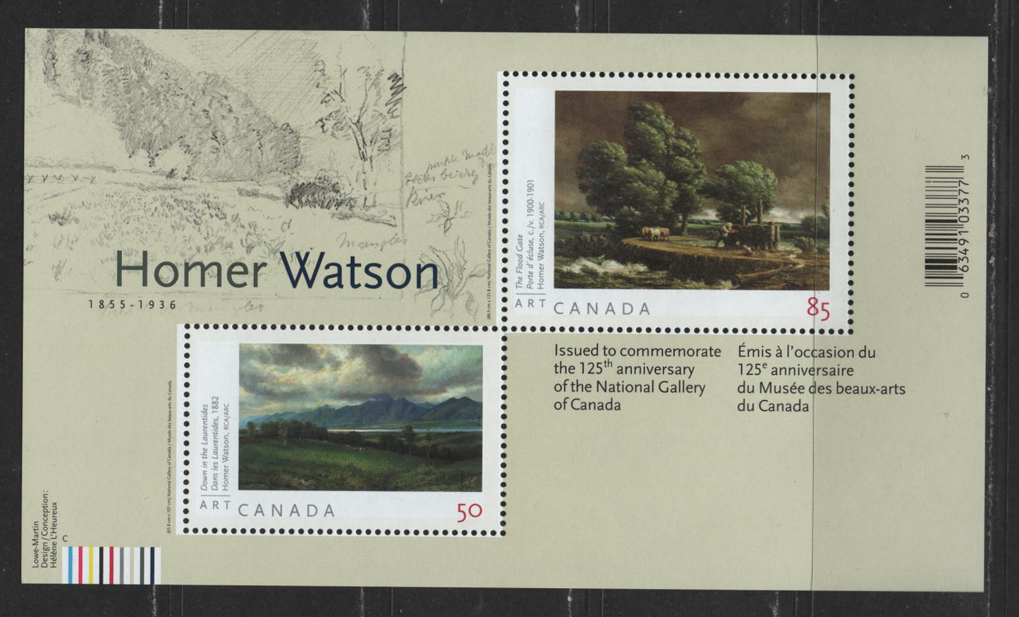 Lot 532 Canada #2110i 1.35 Multicoloured Down In The Laurentides & The Flood Gate, 2005 Homer Watson Issue, A VFNH Souvenir Sheet  Missing Perforations Above & Below Stamps