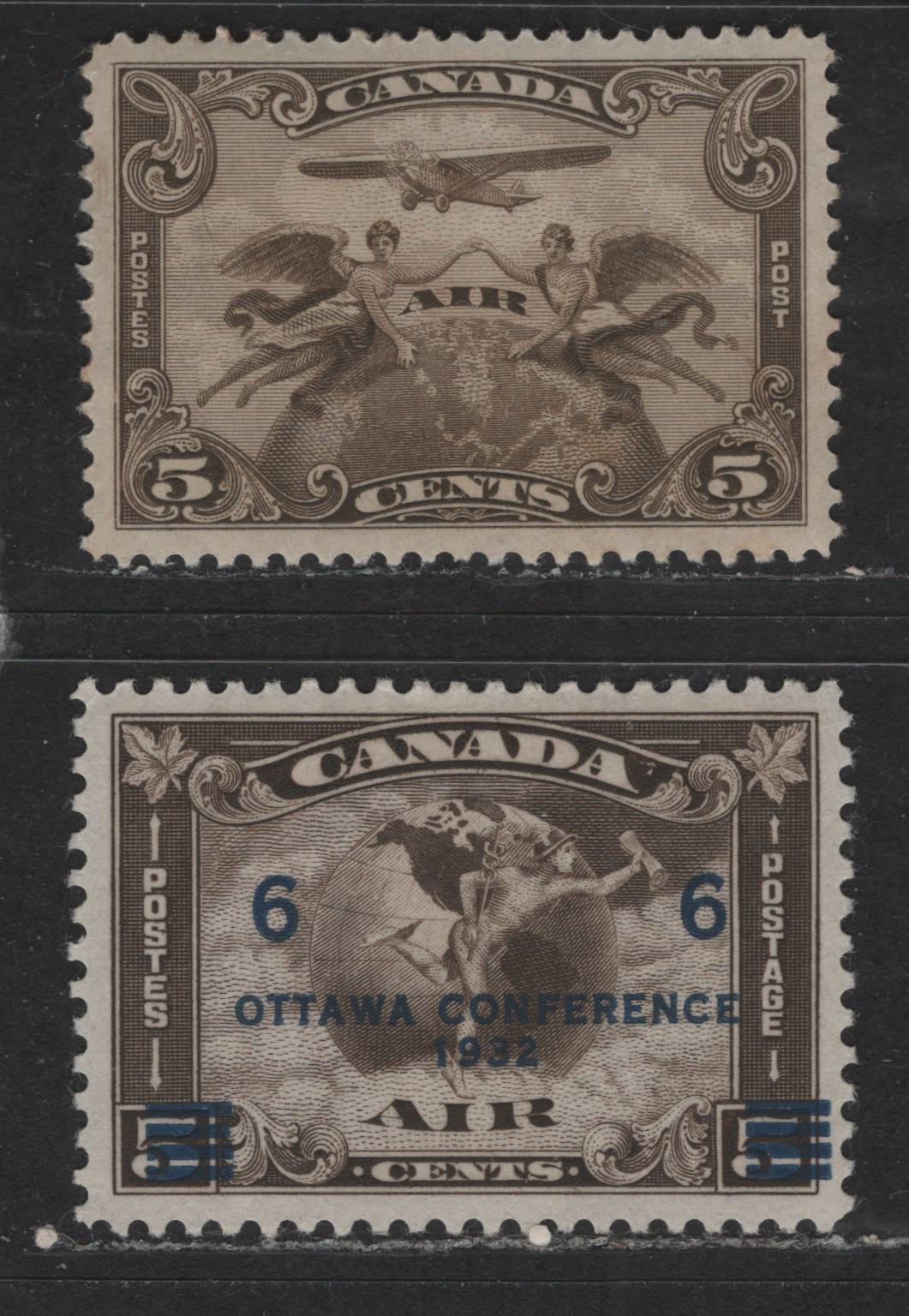 Lot 533 Canada #C1var, C4var 5c, 6c On 5c Olive Brown & Deep Olive Brown Winged Figures & Mercury & Globe, 1928-1932 Scroll & Arch Issue Airmails, 2 VFOG Singles With Unlisted Varieties: Extended Frameline At UL & Die Flaw To Right Of A Of Canada