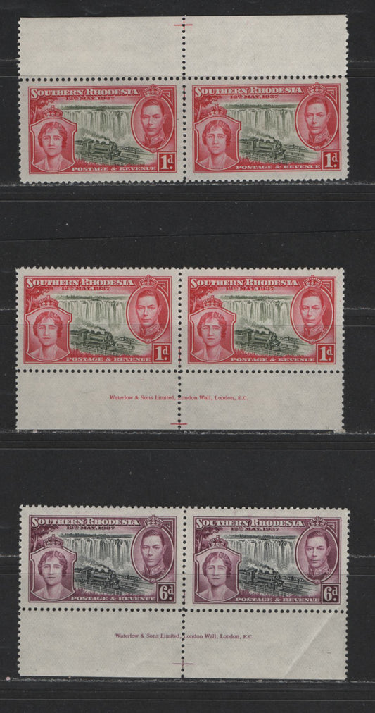 Lot 534 Southern Rhodesia #38, 41 1d, 6d Olive Green & Carmine And Black & Deep Rose Lilac King George VI & Queen Elizabeth, 1937 Coronation Issue, 2 VFNH Imprint Pairs & Perforation Guide Pairs Scarce, As Most Were Broken Up