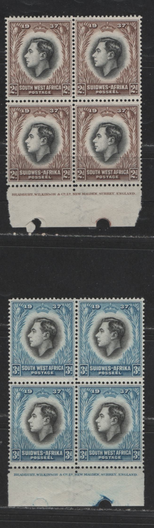 Lot 536 South West Africa #128-129 2d-3d Brown & Black And Bright Blue & Black King George VI & Queen Elizabeth, 1937 Coronation Issue, 2 VFNH Imprint Blocks Scarce, As Most Were Broken Up