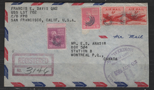 Lot 537 United States Of America #C33, 814, 829 6c, 9c, 50c Pink, Mauve & Carmine Harrison, Taft & DC-4 Skymaster, 1938-1954 Presidential Issue, A Fine Registered Cover 71c Combination Registered Airmail Franking to Montreal, November 1953