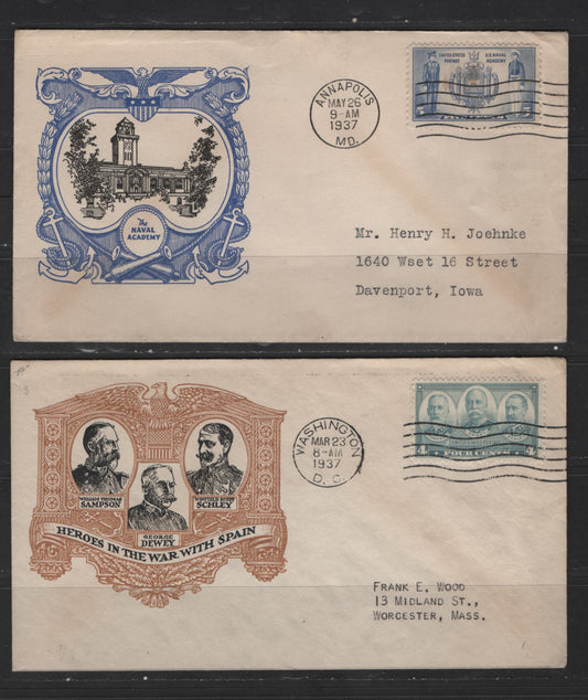 United States Of America #793-794 4c-5c Grey & Ultramarine Admirals & Navy Seal & Midshipmen, 1937 Navy Issue, 2 Fine First Day Covers Addressed, Small Internal Crease Affecting 4c Stamp & Small Stain on 5c Stamp