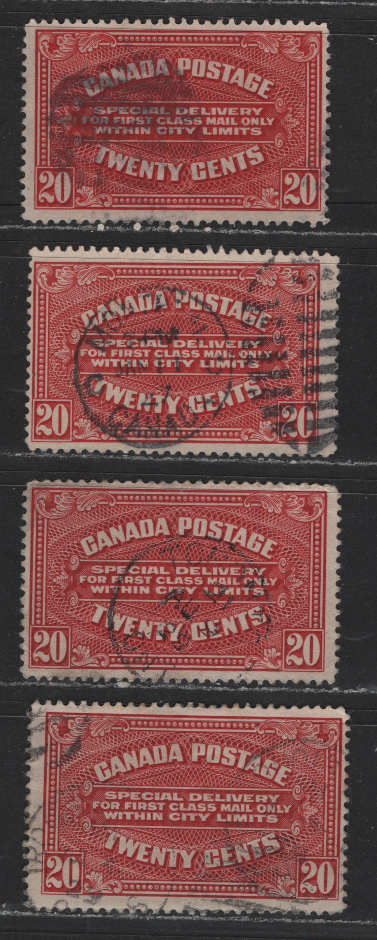 Lot 539 Canada #E2-E2a 20c Carmine & Carmine-Red Engine Turned Pattern, 1922-1927 Second Special Delivery Issue, 4 VG & Fine Used Singles Wet & Dry Printings In Each Shade