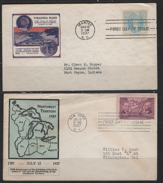 Lot 539 United States Of America #795-796 3c-5c Rose Purple & Grey Blue Cutler & Putnam - Virginia Dare, 1937 Ordinance Of 1787 & Virginia Dare Issues, 2 Very Fine First Day Covers Addressed