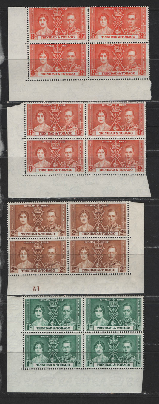 Lot 539 Trinidad & Tobago #47-49 1c-8c Myrtle Green - Deep Red Orange King George VI & Queen Elizabeth, 1937 Coronation Issue, 4 VFOG/NH Plate A1 & Corner Blocks Scarce, As Most Were Broken Up, Includes Scarce Deep Brownish Orange Shade On 8c