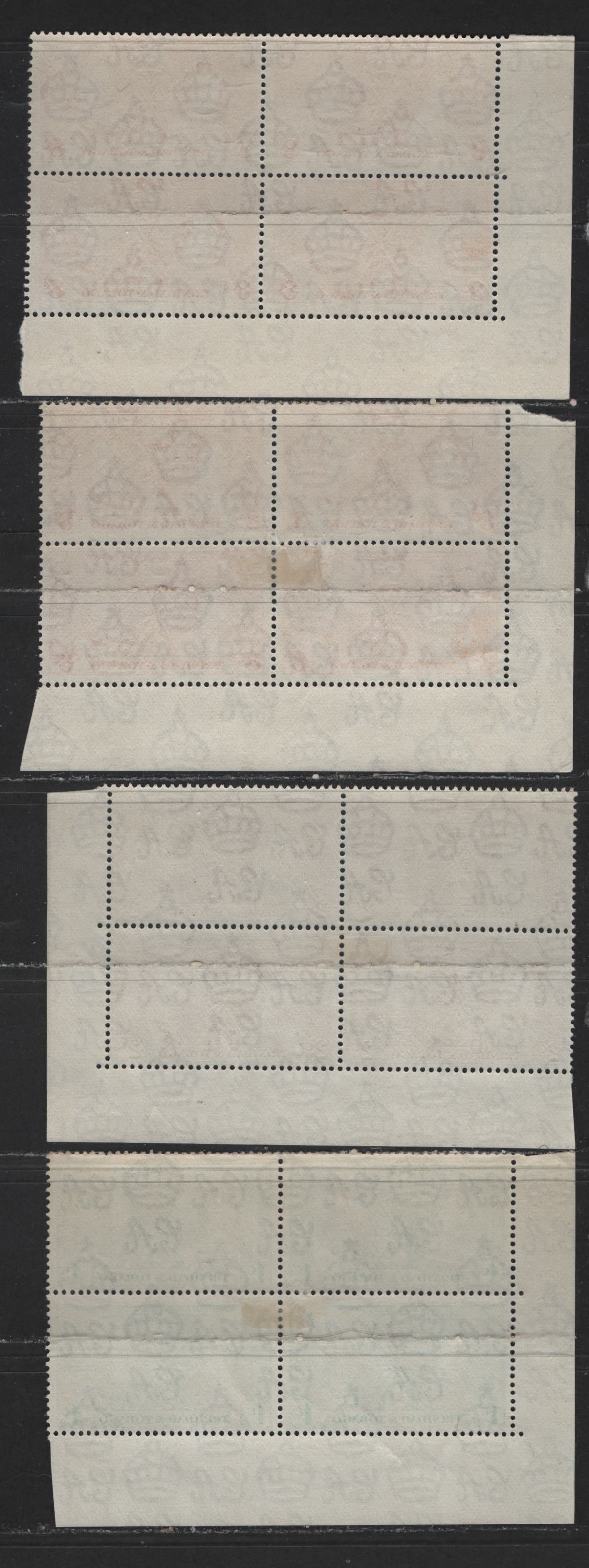 Lot 539 Trinidad & Tobago #47-49 1c-8c Myrtle Green - Deep Red Orange King George VI & Queen Elizabeth, 1937 Coronation Issue, 4 VFOG/NH Plate A1 & Corner Blocks Scarce, As Most Were Broken Up, Includes Scarce Deep Brownish Orange Shade On 8c