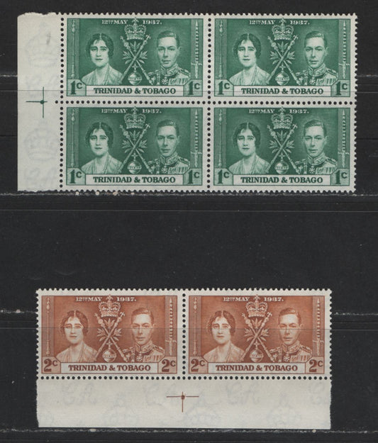 Lot 540 Trinidad & Tobago #47-48 1c-2c Myrtle Green & Yellow Brown King George VI & Queen Elizabeth, 1937 Coronation Issue, A Fine NH & VFNH Perforation Guide Block & Pair Scarce, As Most Were Broken Up