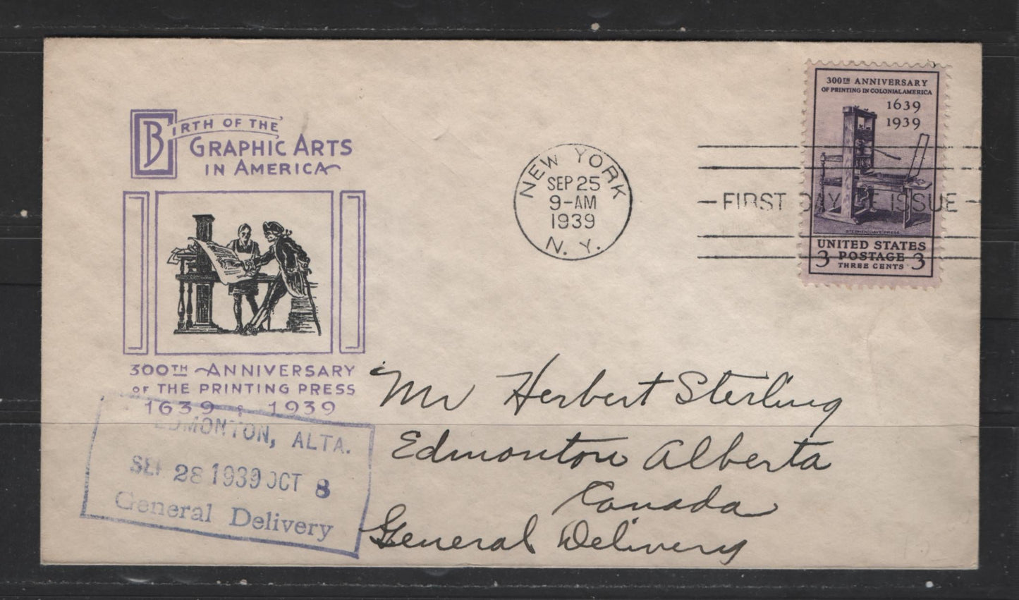 Lot 540 United States Of America #857 3c Violet Stephen Daye Press, 1939 Printing Tercentenary Issue, 2 Very Fine First Day Covers Addressed