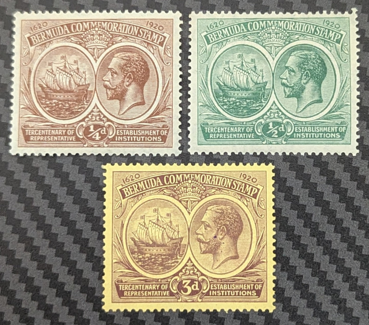 Lot 54 Bermuda SG#59-60, 62 1/4d- 3d Brown - Dull & Deep Purple on Pale Yellow King George V & Caravel, 1920 Tercentenary of Representative Institutions Issue, 3 F/VFOG Singles