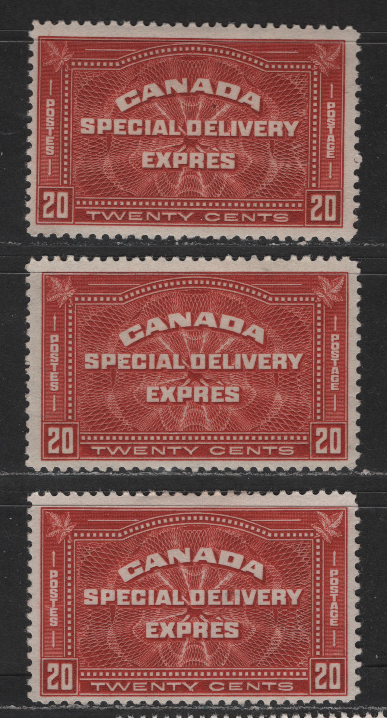 Lot 541 Canada #E4 20c Deep Vermilion & Deep Brownish Vermilion Engine Turned Pattern, 1930-1932 Arch Special Delivery Issue, 3 Fine OG Singles With Cream & Yellowish Cream Gums