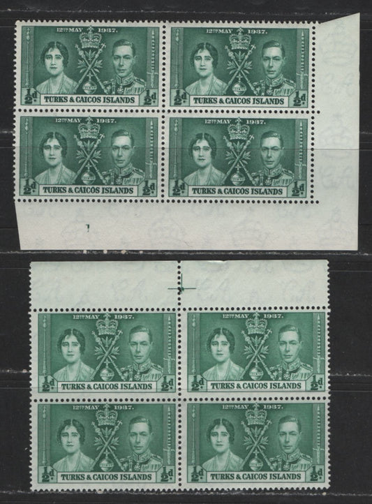 Lot 541 Turks & Caicos Islands #75, 75var 1/2d Myrtle Green & Deep Green King George VI & Queen Elizabeth, 1937 Coronation Issue, 2 Fine & VFOG/NH LR Corner Block & Top Perforation Guide Block The Scarce, Gibbons Listed Shade With Normal For Comparison