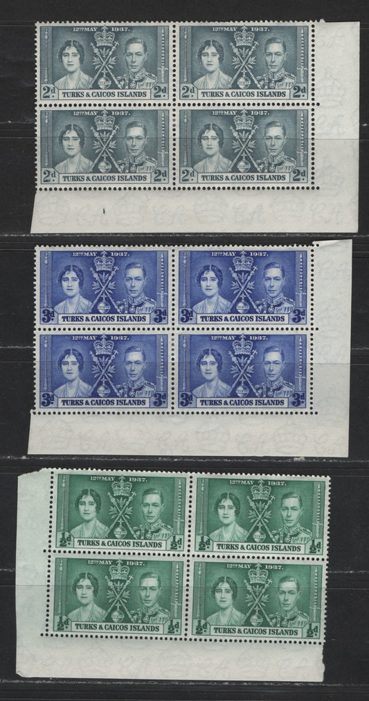 Lot 542 Turks & Caicos Islands #75-77 1/2d-3d Myrtle Green  - Bright Ultramarine King George VI & Queen Elizabeth, 1937 Coronation Issue, 3 VFOG/NH Corner Blocks Scarce, As Most Were Broken Up