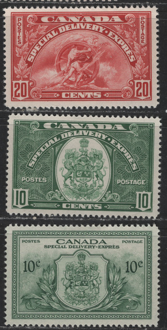 Lot 542 Canada #E6-E7, E11 10c, 20c Carmine - Dull Green 1935-1946 Dated Die - Peace Issue Special Deliveries, 3 VFOG Singles, Extended Foot To "P Of Postage, Constant As We Offered A Few Months Ago