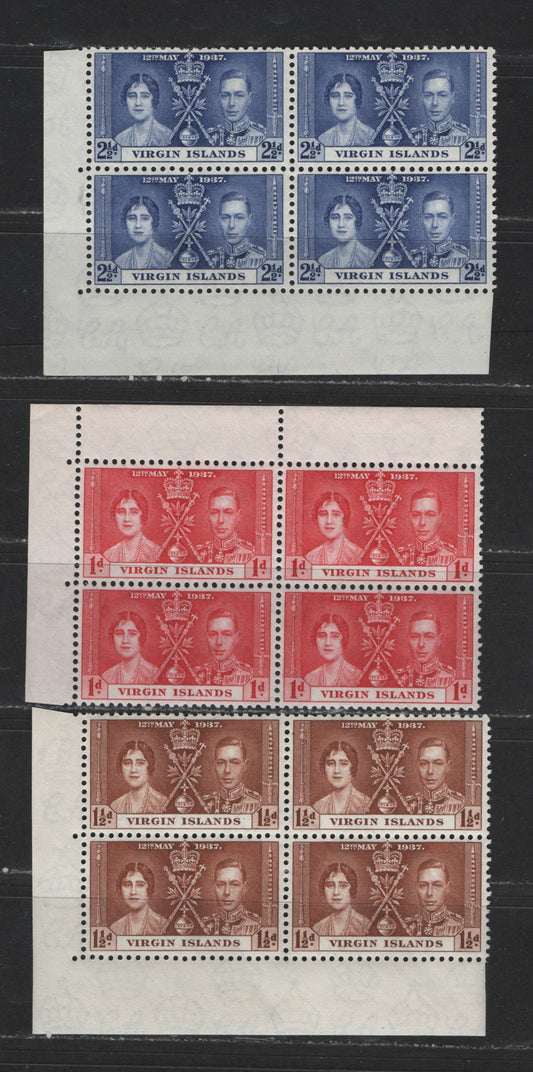 Lot 543 Virgin Islands #73-75 1d-2.5d Carmine Red - Dull Ultramarine King George VI & Queen Elizabeth, 1937 Coronation Issue, 3 VFOG/NH Corner Blocks Scarce, As Most Were Broken Up